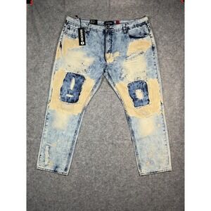 MAKOBl MK Mens Jeans 48x32 Light Wash Distressed Patched Denim Pants